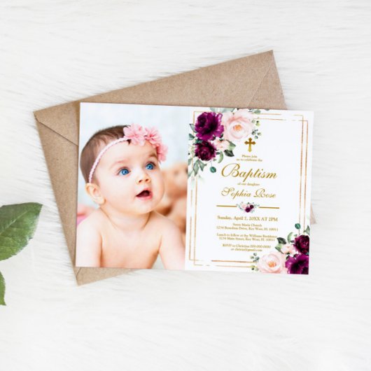 Paarse & Blush Roos Bloemen Foto Meisje Doop Kaart