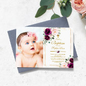 Paarse & Blush Roos Bloemen Foto Meisje Doop Kaart