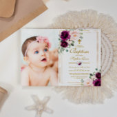 Paarse & Blush Roos Bloemen Foto Meisje Doop Kaart