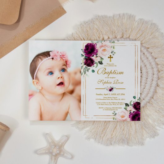 Paarse & Blush Roos Bloemen Foto Meisje Doop Kaart
