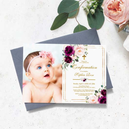 Paarse & Blush Roos Bloemen Fotobevestiging Kaart