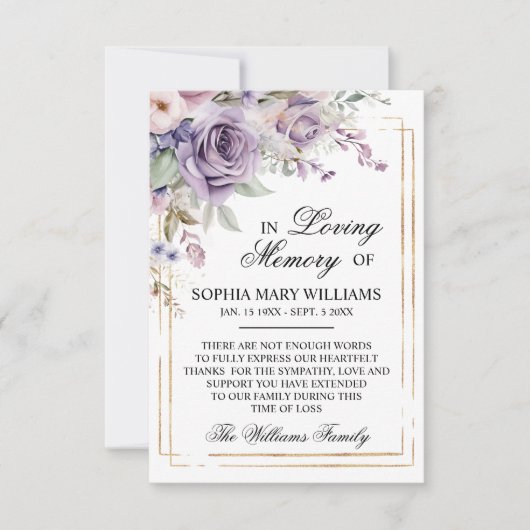 Paarse & Blush Roos Bloemen Sympathie Memory Bedankkaart (Voorkant)