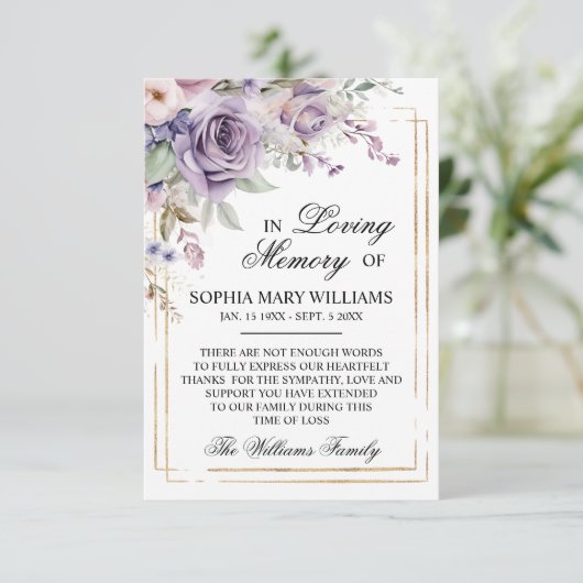 Paarse & Blush Roos Bloemen Sympathie Memory Bedankkaart (Staand voorkant)