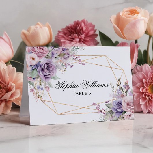 Paarse & Blush Roos Bloemen Wedding Place Card Kaart
