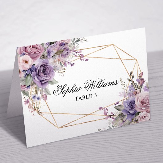 Paarse & Blush Roos Bloemen Wedding Place Card Kaart