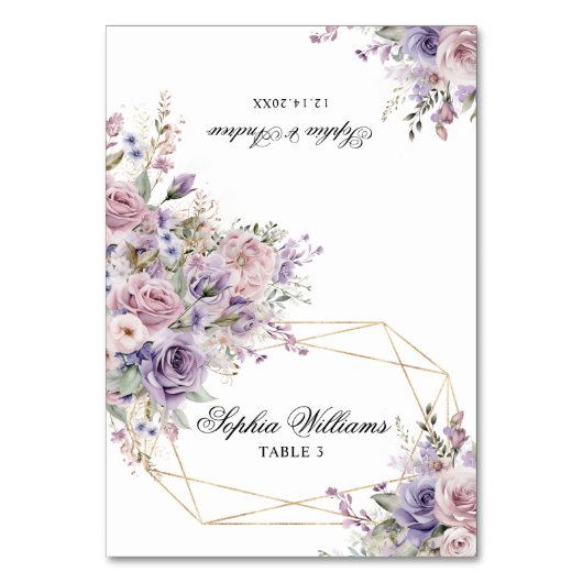 Paarse & Blush Roos Bloemen Wedding Place Card Kaart (Voorkant)