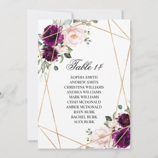 Paarse & Blush Roos Bruiloft Zitkaarten Kaarten (Achterkant)