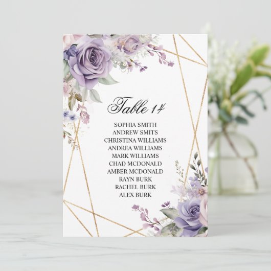 Paarse & Blush Roos Bruiloft Zitkaarten Kaarten (Staand voorkant)