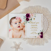 Paarse & Blush Roos Foto Doop Dank u Kaart