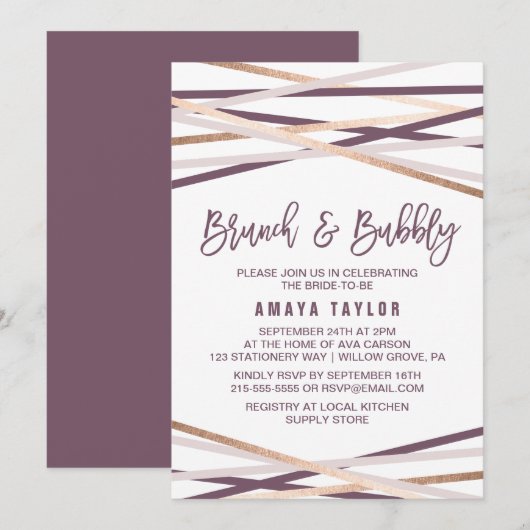 Paarse Blush & Roos Gold Streamers Brunch & Bubble Kaart (Voorkant / Achterkant)