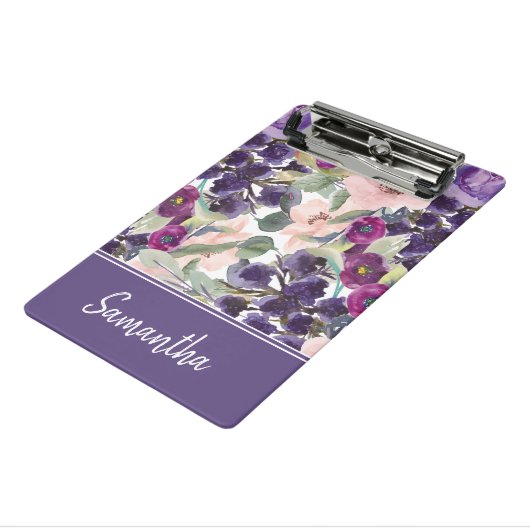 Paarse Blush Roze Aquarel Bloem Monogram Mini Klembord (Angled3)