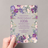 Paarse Blush Roze Bloemen 100ste Verjaardag Acryl Uitnodigingen (Insitu (Draagbaar))