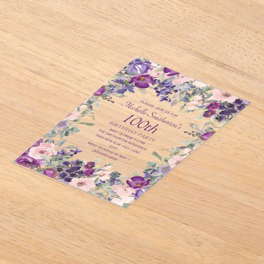 Paarse Blush Roze Bloemen 100ste Verjaardag Acryl Uitnodigingen (Laagn)