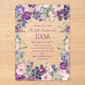 Paarse Blush Roze Bloemen 100ste Verjaardag Acryl Uitnodigingen (Voorkant)