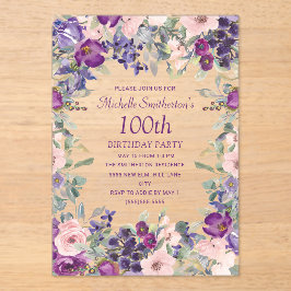 Paarse Blush Roze Bloemen 100ste Verjaardag Acryl Uitnodigingen