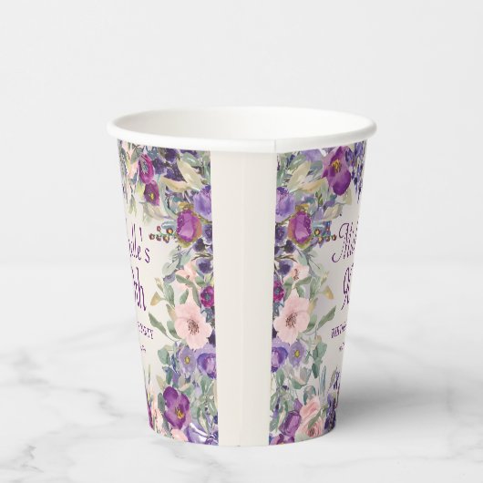 Paarse Blush Roze Bloemen 90ste Verjaardag Papieren Bekers (Rechts)