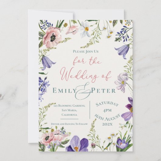 Paarse Blush Roze Bloemen Border Bruiloft Kaart (Voorkant)