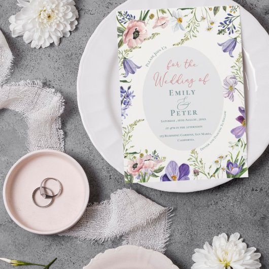 Paarse Blush Roze Bloemen Border Wedding Inv Kaart