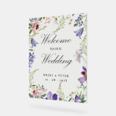Paarse Blush Roze Bloemen Welkom op onze bruiloft Acryl Bord (Hoek)