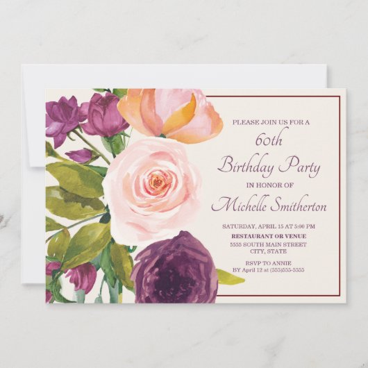 Paarse Blush Roze Bloemige Crème 60e Verjaardag (Voorkant)