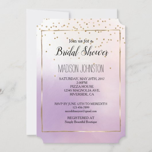 Paarse Blush Roze Mist Romantisch Gouden Confetti Kaart (Voorkant)