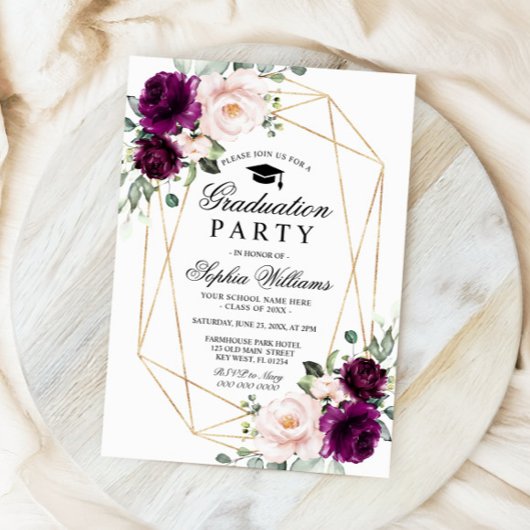 Paarse & Blush Roze Rose Afstudeerfeest Kaart