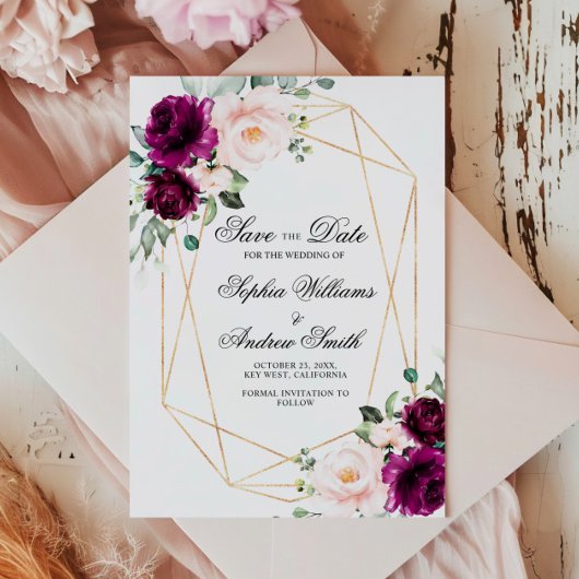 Paarse & Blush Roze Rose Bewaar de datum Kaart