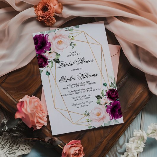 Paarse & Blush Roze Rose Bruids Douche Uitnodiging