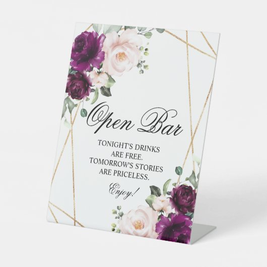 Paarse & Blush Roze Rose Open Bar Teken Reclamebord Met Voetstuk (Voorkant)