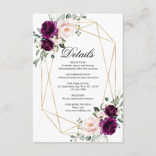 Paarse & Blush Roze Rose Wedding Details Behuizing Informatiekaartje (Voorkant)