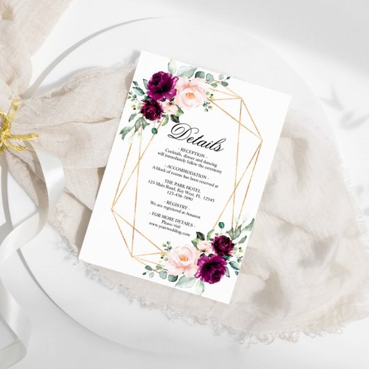 Paarse & Blush Roze Rose Wedding Details Behuizing Informatiekaartje