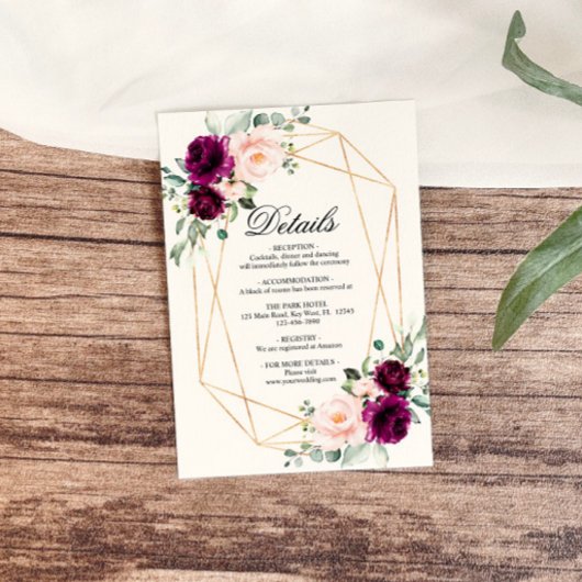 Paarse & Blush Roze Rose Wedding Details Behuizing Informatiekaartje