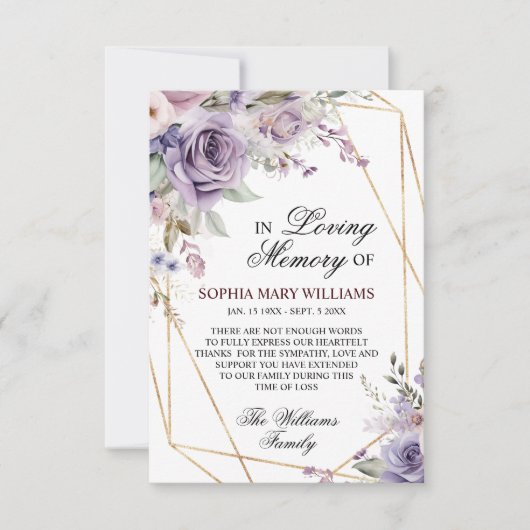 Paarse & Blush Roze Roze Bloemen Sympathie Memory Bedankkaart (Voorkant)