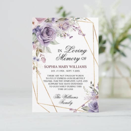 Paarse & Blush Roze Roze Bloemen Sympathie Memory Bedankkaart (Staand voorkant)