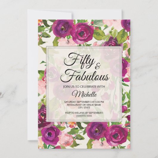 Paarse Blush Roze Waterverf Floral 50e verjaardag Kaart (Voorkant)