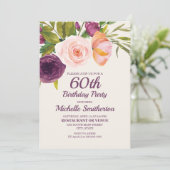 Paarse Blush Roze Waterverf Floral 60th Birthday Kaart (Staand voorkant)