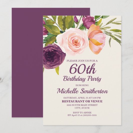 Paarse Blush Roze Waterverf Floral 60th Birthday Kaart (Voorkant / Achterkant)
