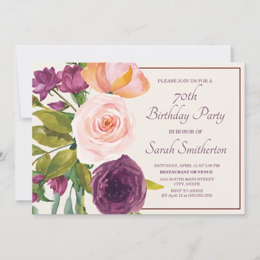 Paarse Blush roze Waterverf Floral Cream 70th (Voorkant)