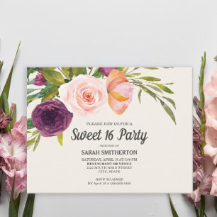 Paarse Blush Roze Waterverf Floral Ivory Sweet 16 Briefkaart