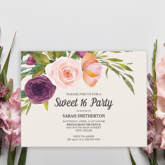Paarse Blush Roze Waterverf Floral Ivory Sweet 16 Briefkaart