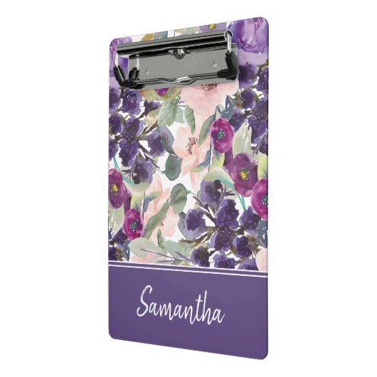 Paarse Blush Roze Waterverf Floral Monogram Mini Klembord (Angled2)