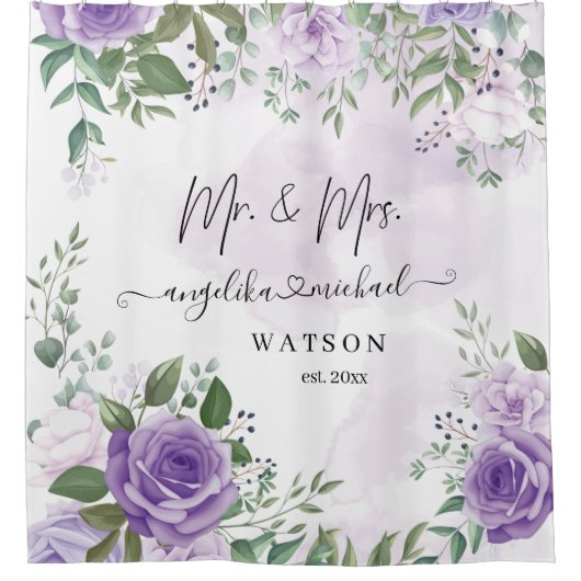 Paarse Blush Rozen Mr en Mrs Modern Script Douchegordijn (Voorkant)