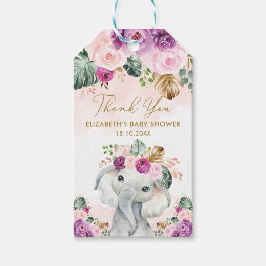 Paarse Blush Tropische Bloem Olifant Baby shower Cadeaulabel