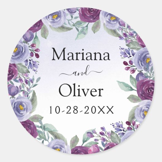 Paarse Blush Waterverf Bloemen Bruiloft Ronde Sticker (Voorkant)