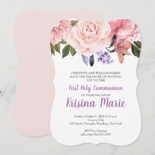 Paarse, Blush, White Floral First Heilige Communie Kaart (Voorkant / Achterkant)
