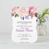 Paarse, Blush, White Floral First Heilige Communie Kaart (Staand voorkant)