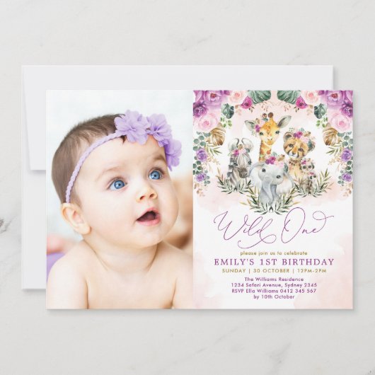 Paarse Blush Wild Een Oerwoud Dieren 1e Verjaardag Kaart (Voorkant)