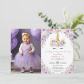 Paarse Blush Witte Bloemen Eenhoorn Verjaardagsfot Kaart (Staand voorkant)