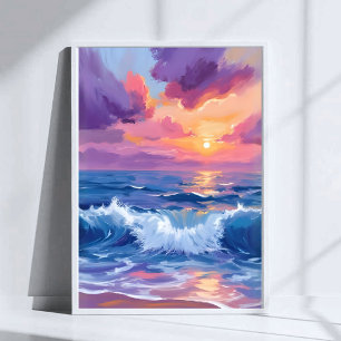 Paarse Blush Zonsondergang   Oceaan Glimmer Waterv Poster