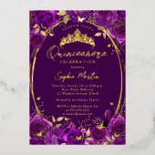 Paarse boeiende bloemenvlinder Quinceanera Folie Uitnodiging (Voorkant)